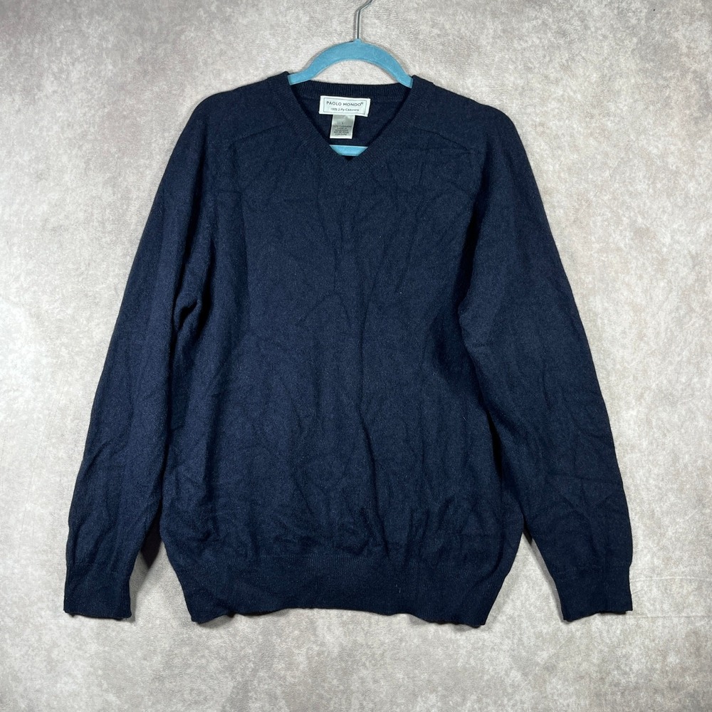 Paolo Mondo Sweater Mens Large‎ Blue Cashmere Knit V-Neck Pullover Long Sleeve